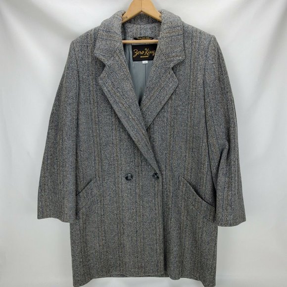 VTG Blue & Gray Herringbone Tweed Wool Blazer Winter Jacket Zero King Women's 14 - Picture 1 of 7
